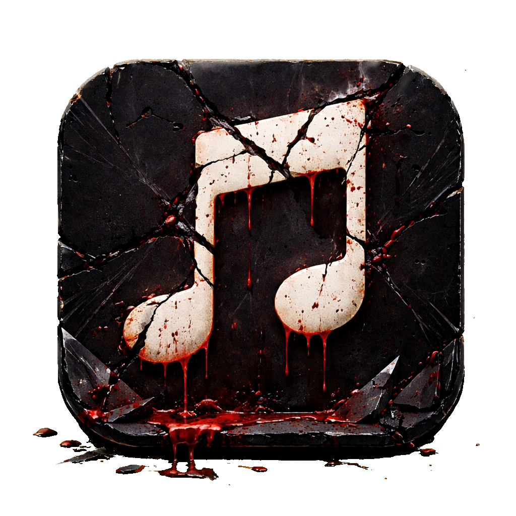 Destroyed Apple Music app icon — cracked glass with blood dripping from the music note symbol
